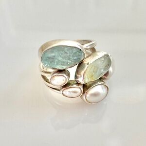Lilly Barrack Ring Pearls & Aquamarine Sterling Silver